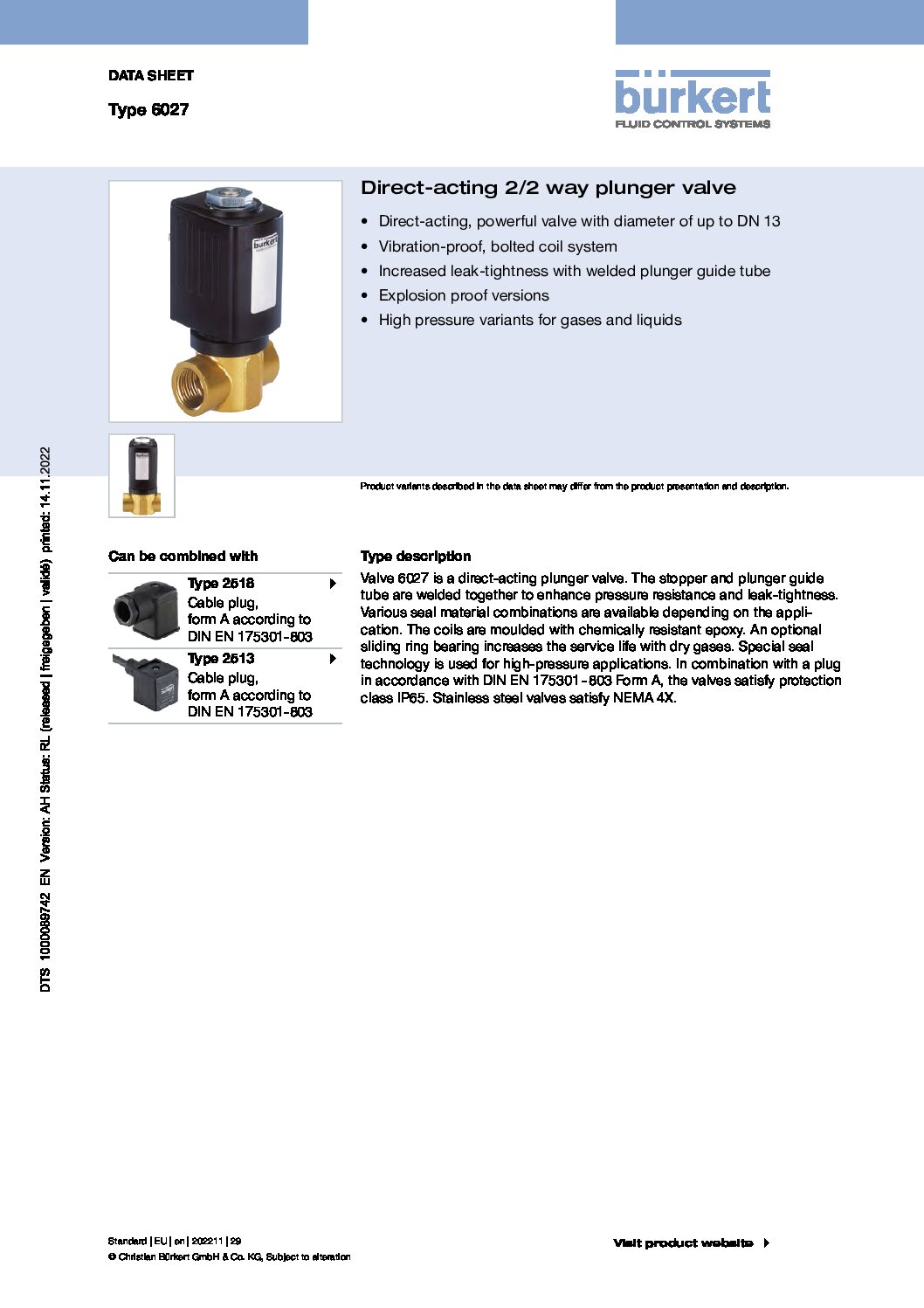 Type 6027 data sheet _ Direct-acting 2_2 way plunger valve